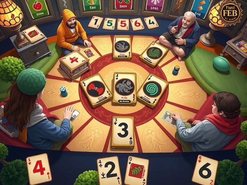 Close-up of a hand of Euchre cards being played on a wooden table