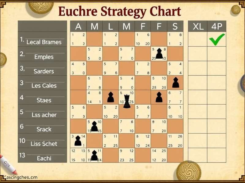 Euchre card game strategy chart spread on a table with playing cards and notes