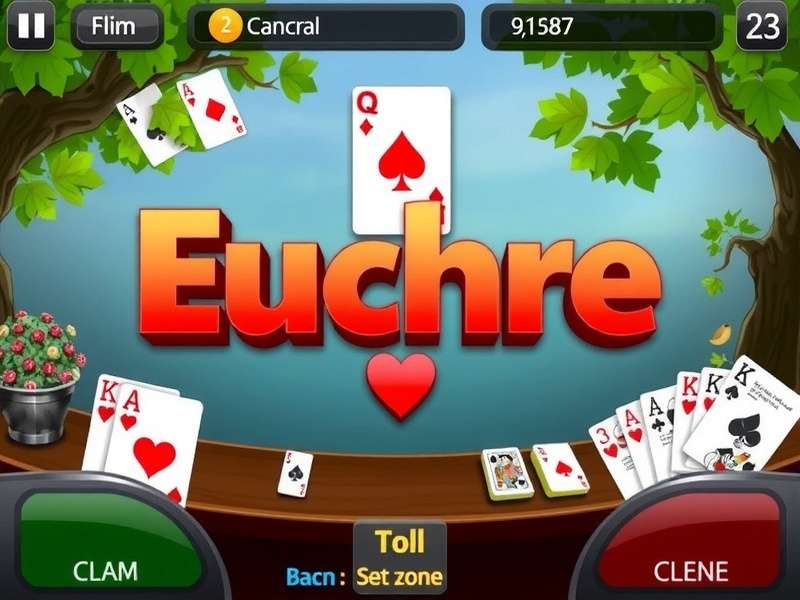 Euchre card game spread with trick-taking setup and scoring pad